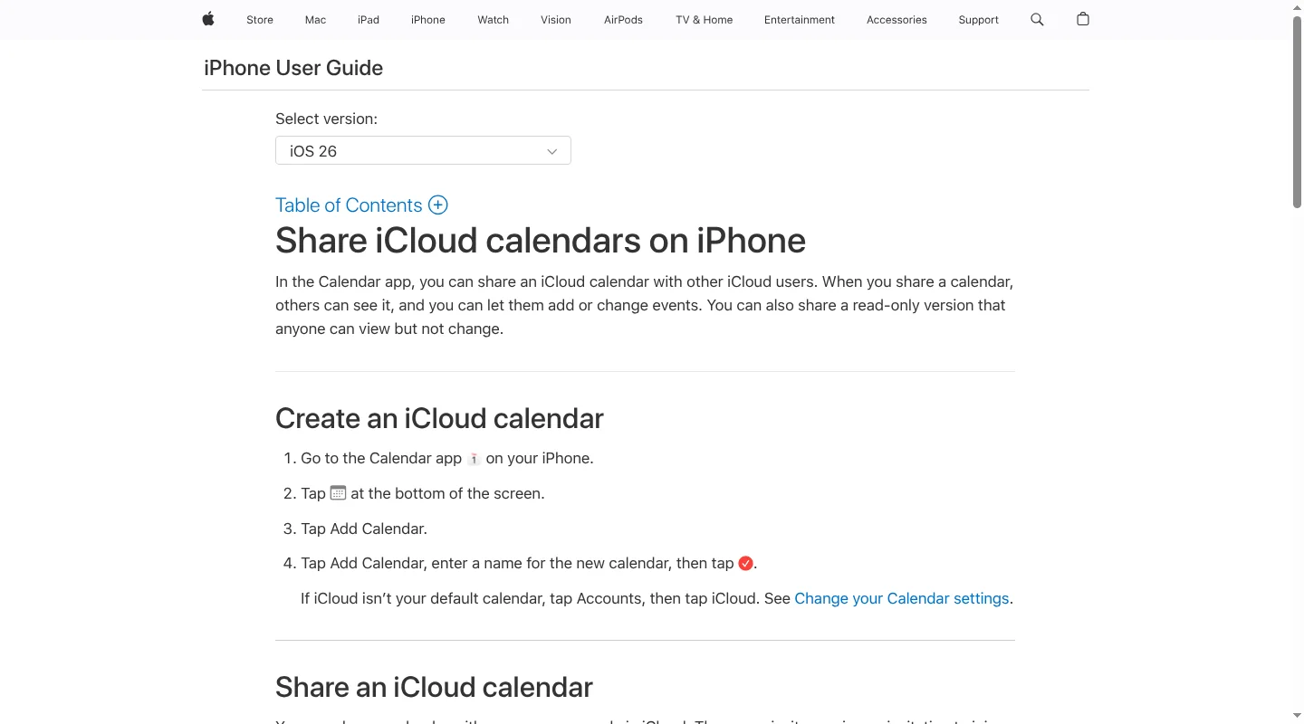 Apple support page showing iCloud calendar sharing