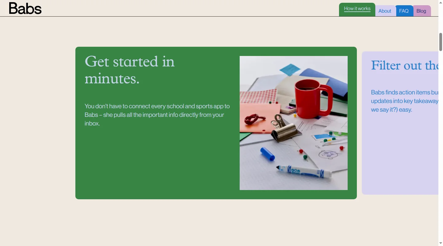 Babs homepage showing its family operating system