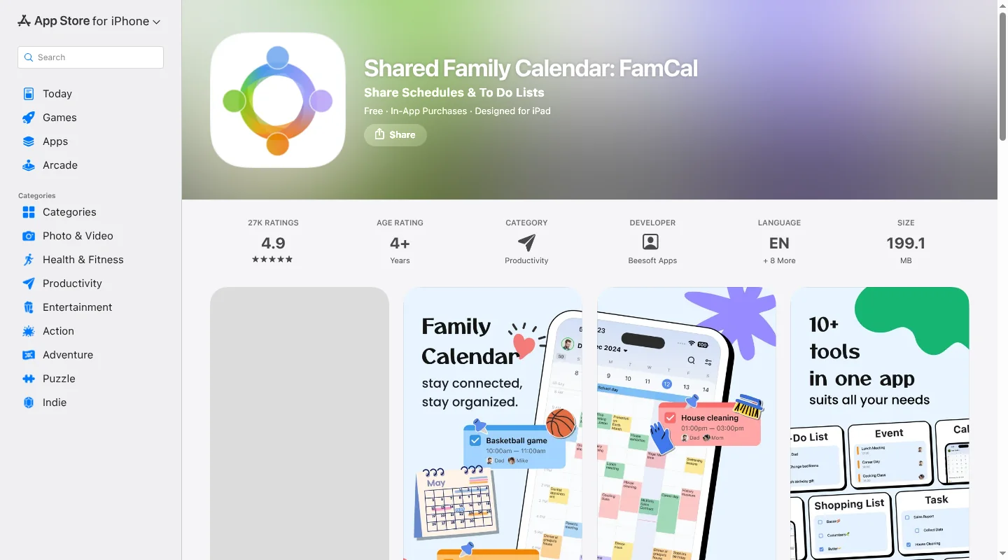 FamCal App Store page showing its family calendar features