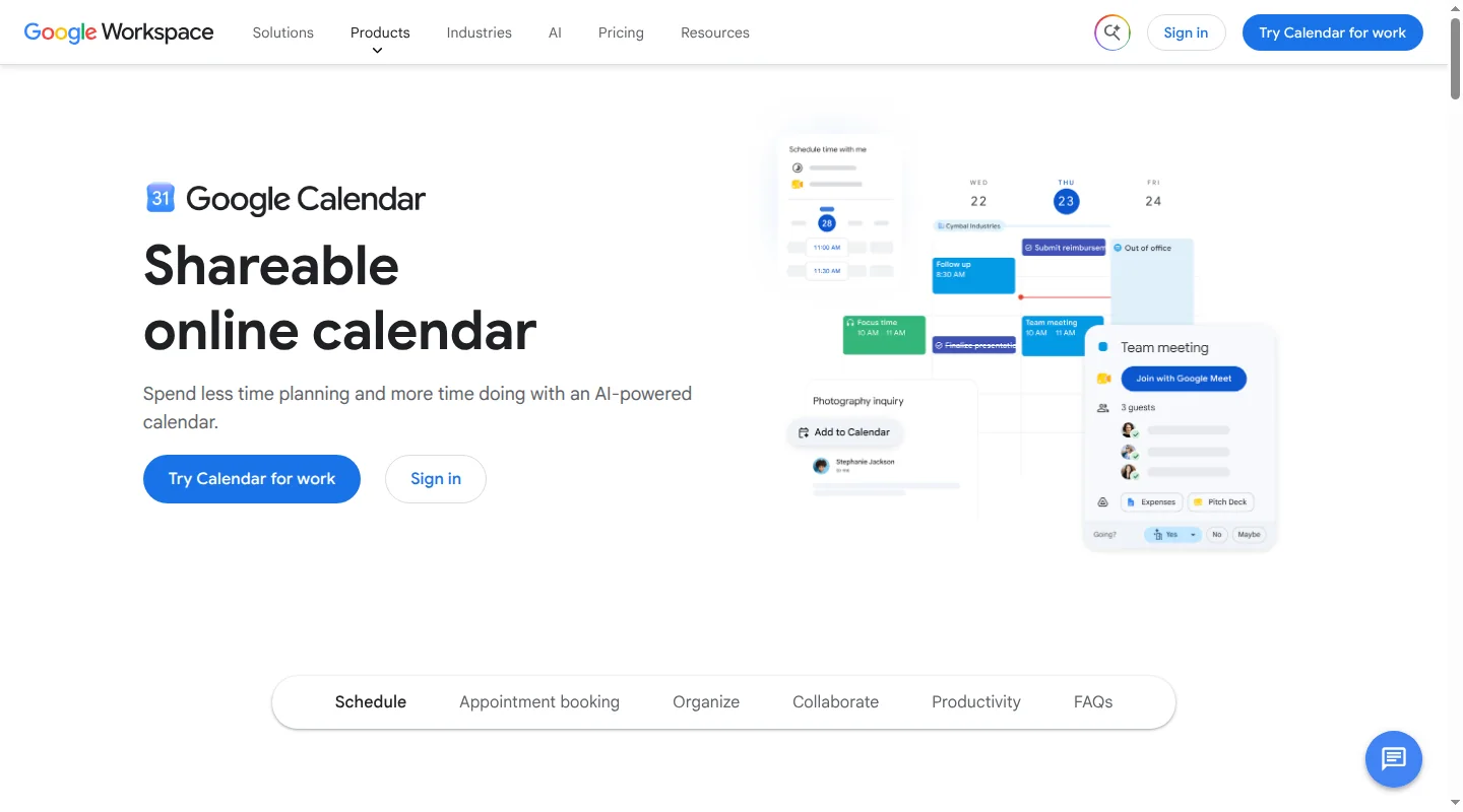Google Calendar homepage showing calendar views