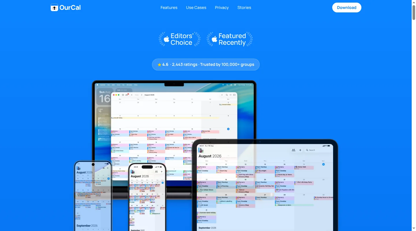OurCal homepage showing its private shared calendar