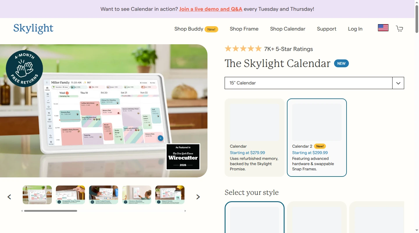 Skylight Calendar page showing its family wall display