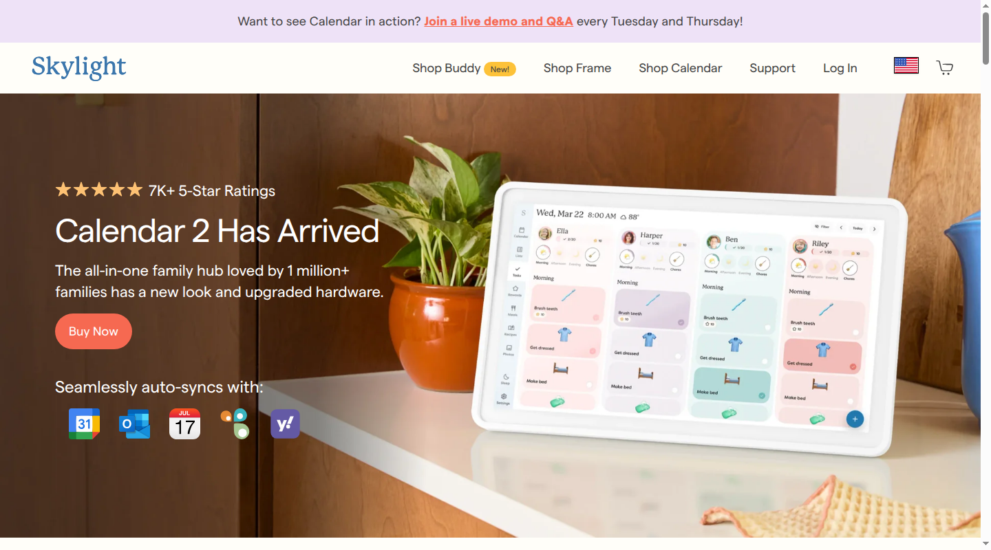 Skylight homepage showing Calendar 2 on a counter with four profiles and daily tasks