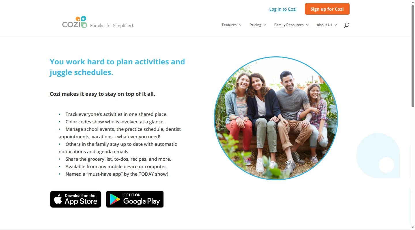 Cozi homepage listing shared calendar and family list features