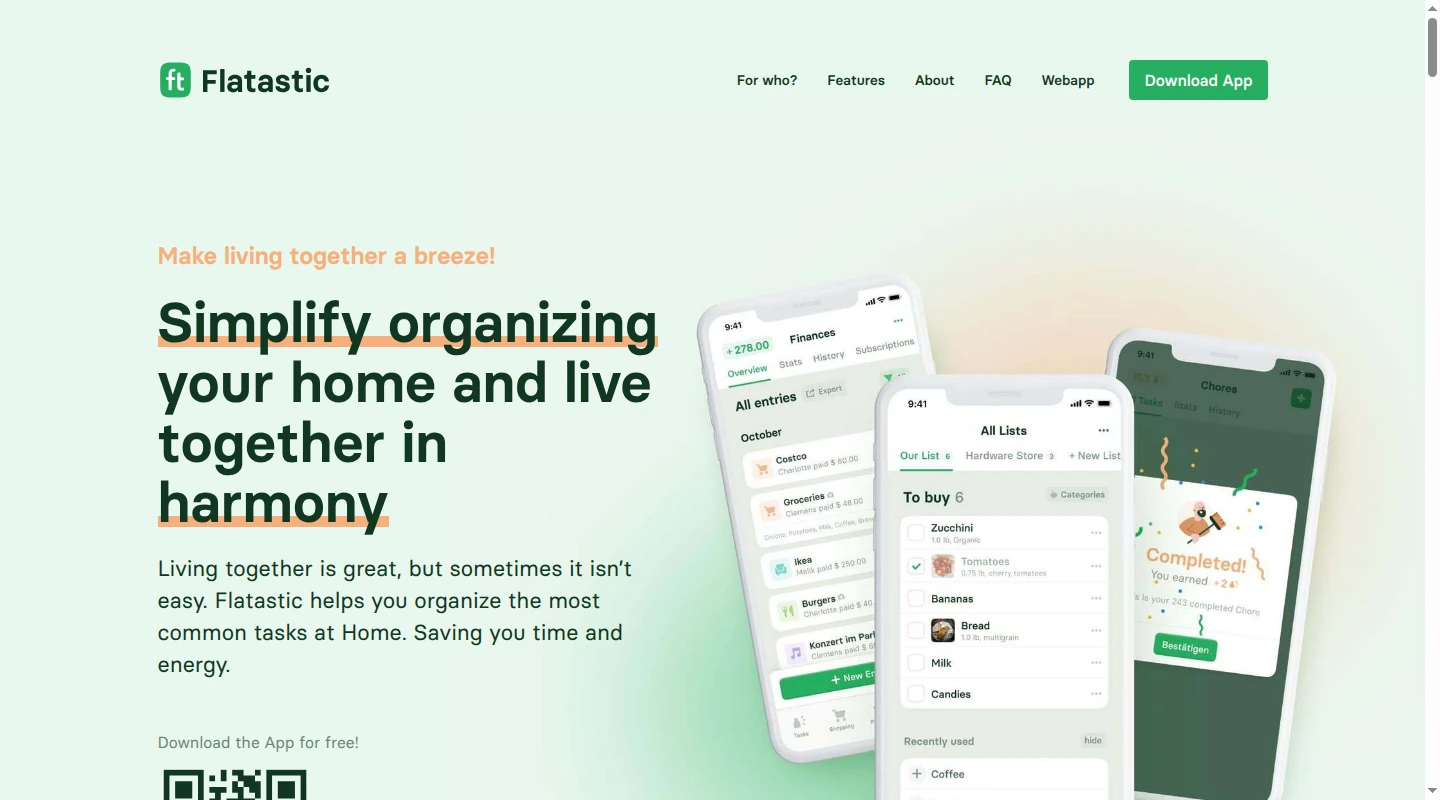 Flatastic homepage showing finance, shopping list, and chore screens