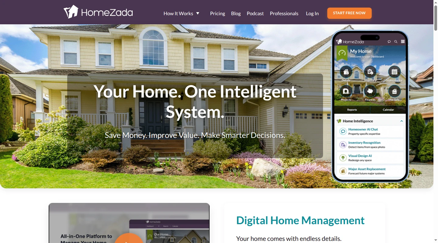 HomeZada homepage showing home inventory, maintenance, projects, and finances