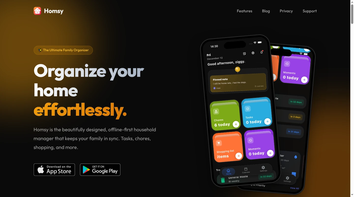 Homsy homepage showing household tasks, chores, shopping, and calendar features