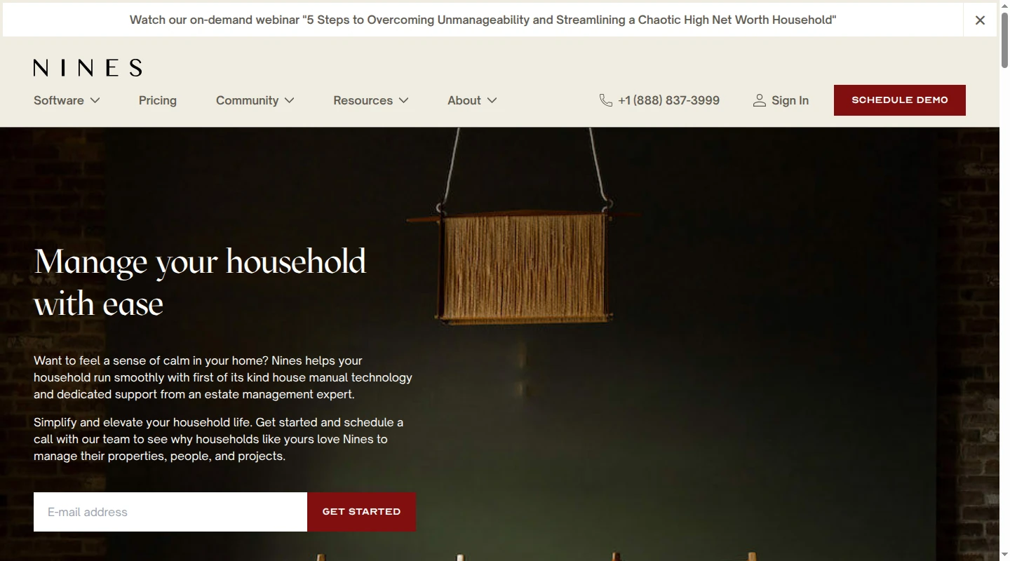 Nines homepage for household, property, and staff management