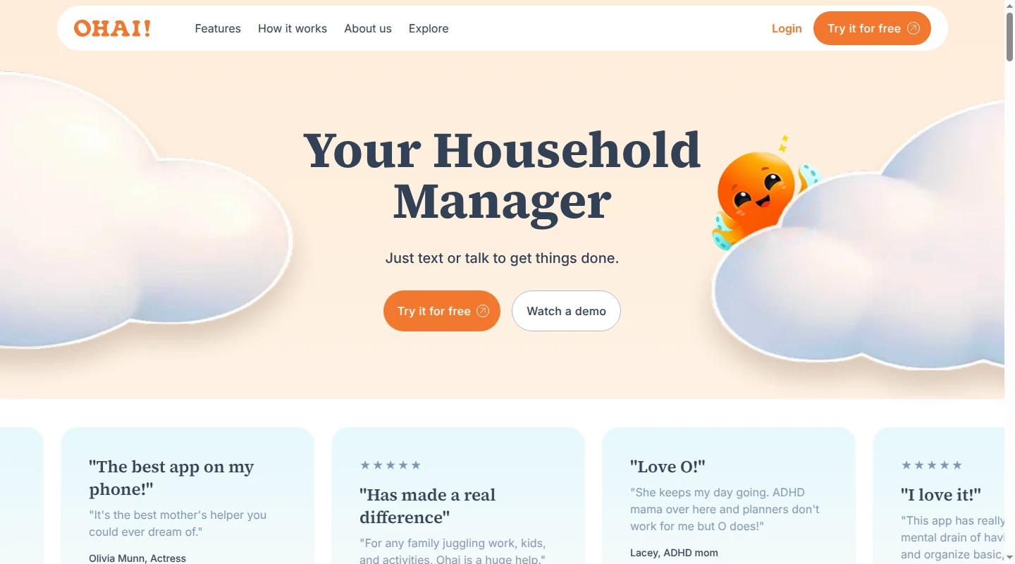 Ohai homepage introducing its household manager