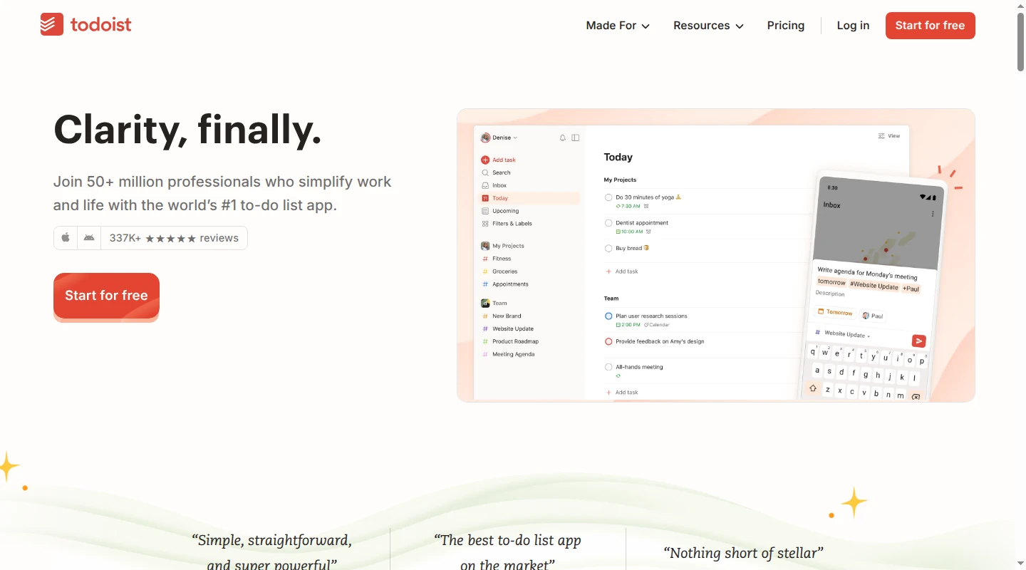 Todoist homepage showing a task list on desktop and phone