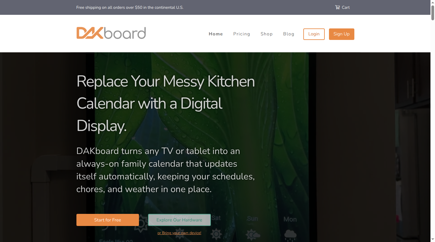 DAKboard homepage showing its digital family calendar display