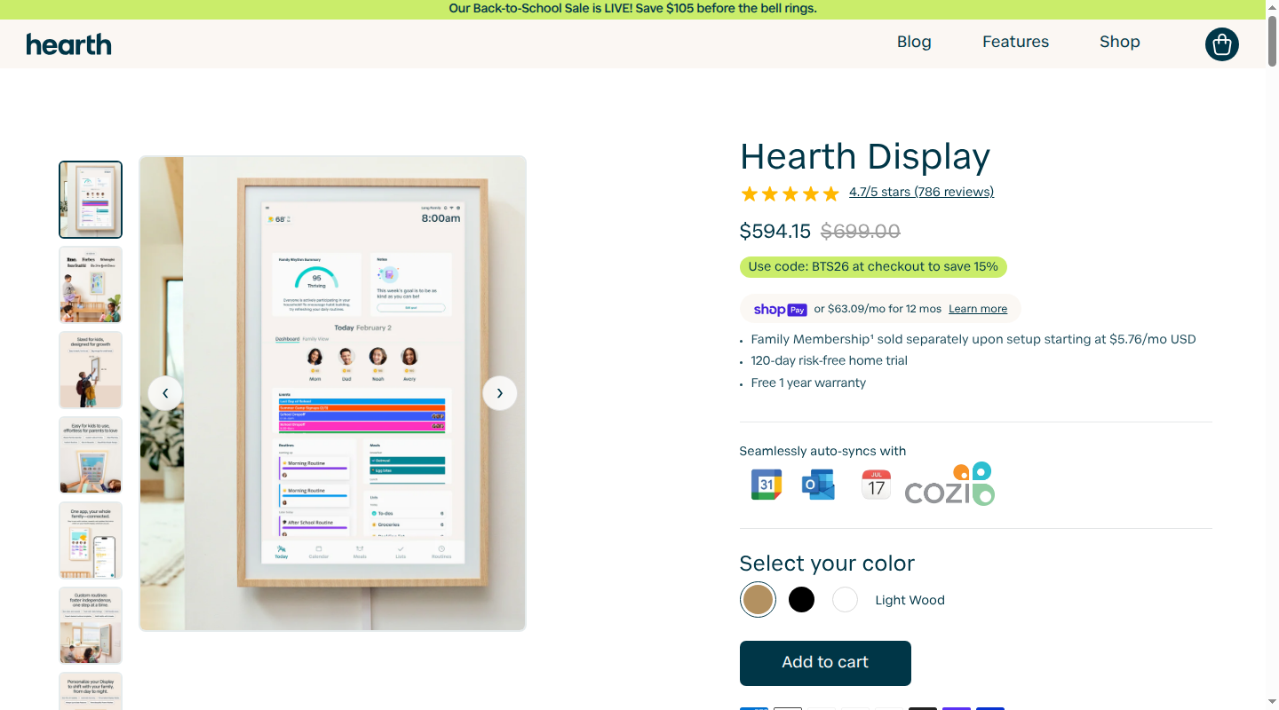 Hearth Display product page showing a family schedule and routine dashboard