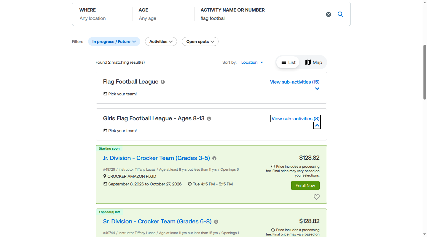 SFRPD fall 2026 girls flag football listings for the junior and senior Crocker teams.