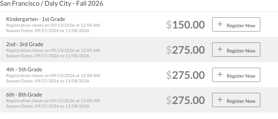 United Sports fall 2026 registration rows for kindergarten through eighth grade.